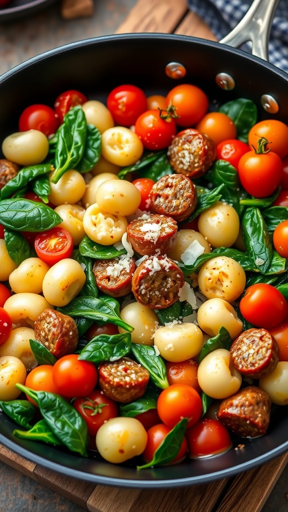 One-pan gnocchi with sausage and spinach, featuring tomatoes and Parmesan, in a skillet.